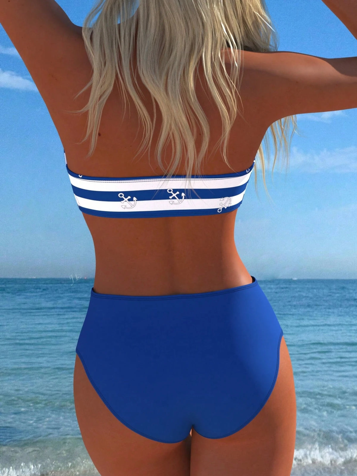 Qususs Women's Nautical Striped Anchor Pattern Bandeau Bikini Swimwear, Detachable Spaghetti Strap, Summer Holiday Vacation New Style Beach