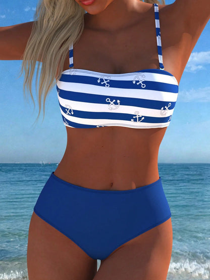 Qususs Women's Nautical Striped Anchor Pattern Bandeau Bikini Swimwear, Detachable Spaghetti Strap, Summer Holiday Vacation New Style Beach