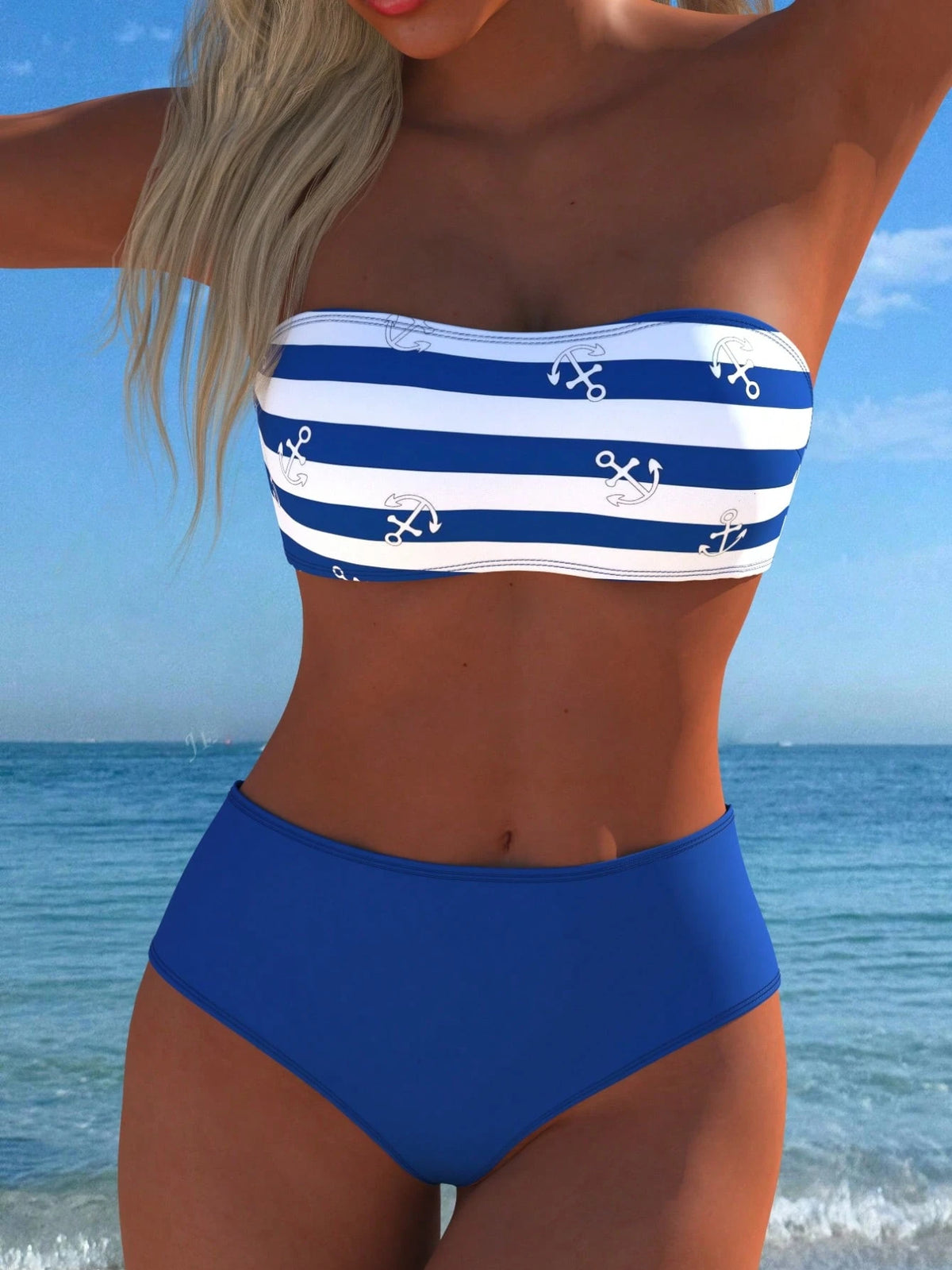 Qususs Women's Nautical Striped Anchor Pattern Bandeau Bikini Swimwear, Detachable Spaghetti Strap, Summer Holiday Vacation New Style Beach