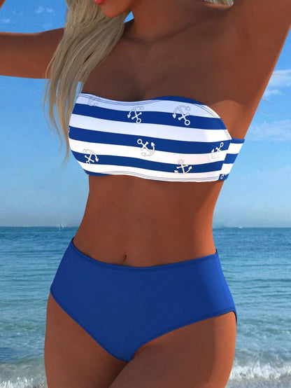 Qususs Women's Nautical Striped Anchor Pattern Bandeau Bikini Swimwear, Detachable Spaghetti Strap, Summer Holiday Vacation New Style Beach