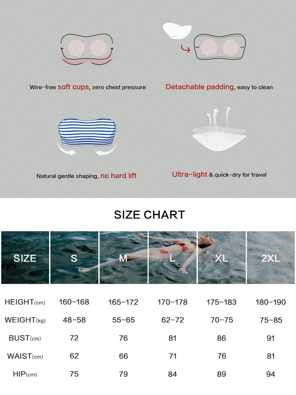 Qususs Women's Nautical Striped Anchor Pattern Bandeau Bikini Swimwear, Detachable Spaghetti Strap, Summer Holiday Vacation New Style Beach