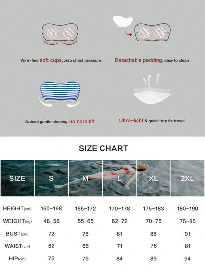 Qususs Women's Nautical Striped Anchor Pattern Bandeau Bikini Swimwear, Detachable Spaghetti Strap, Summer Holiday Vacation New Style Beach