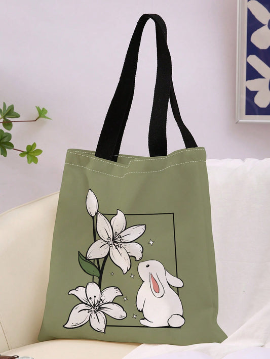 Rabbit & Floral Pattern Shopper Bag Canvas CasualSchool Bag,Back To School,Large Capacity,Portable,Foldable,Classic Casual, Suitable For Teen Girls Women College Students,White-Collar Workers, Perfect
