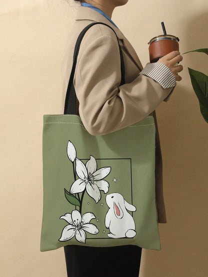 Rabbit & Floral Pattern Shopper Bag Canvas CasualSchool Bag,Back To School,Large Capacity,Portable,Foldable,Classic Casual, Suitable For Teen Girls Women College Students,White-Collar Workers, Perfect