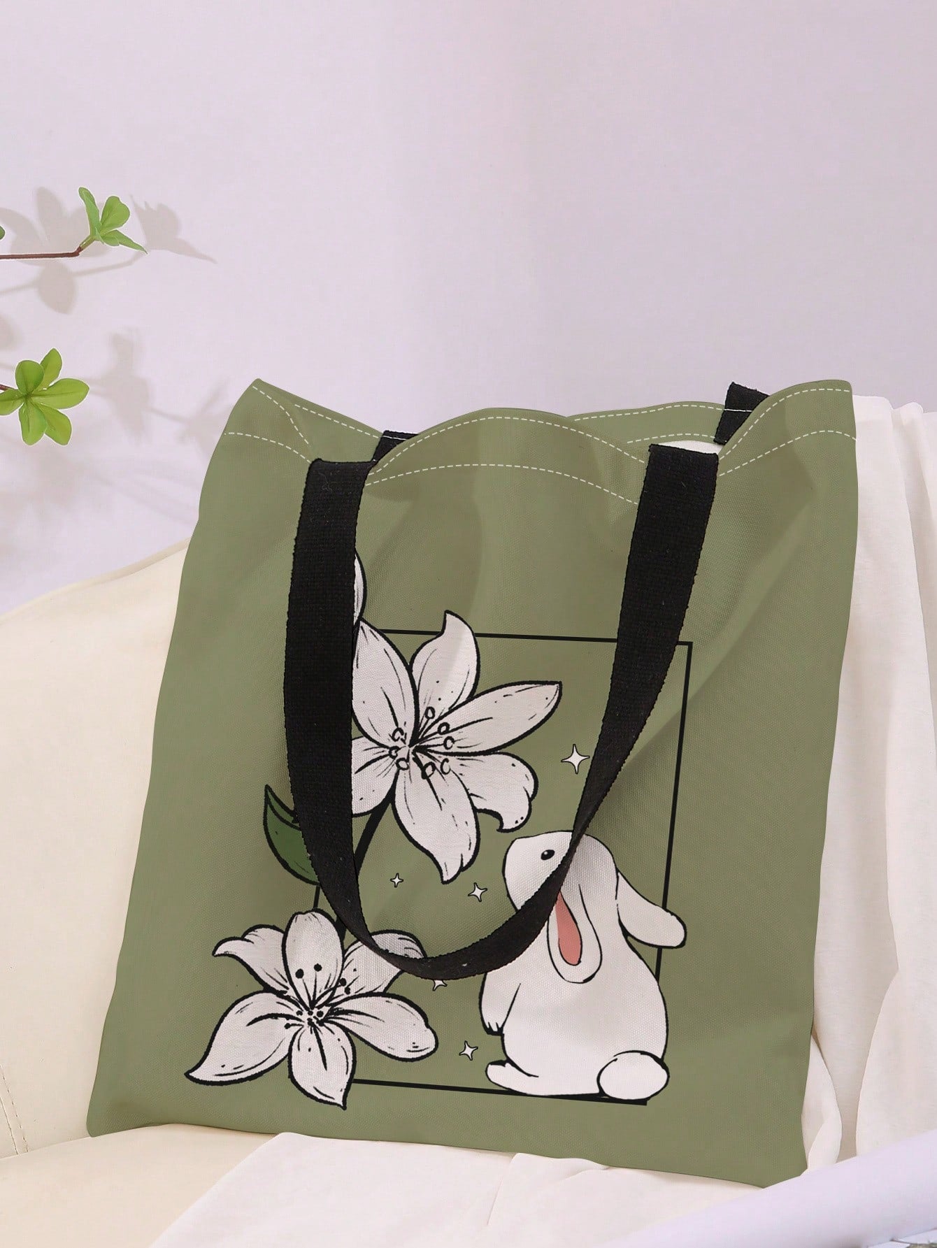 Rabbit & Floral Pattern Shopper Bag Canvas CasualSchool Bag,Back To School,Large Capacity,Portable,Foldable,Classic Casual, Suitable For Teen Girls Women College Students,White-Collar Workers, Perfect
