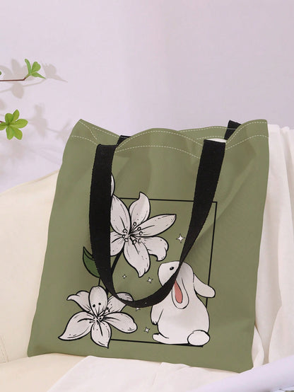 Rabbit & Floral Pattern Shopper Bag Canvas CasualSchool Bag,Back To School,Large Capacity,Portable,Foldable,Classic Casual, Suitable For Teen Girls Women College Students,White-Collar Workers, Perfect