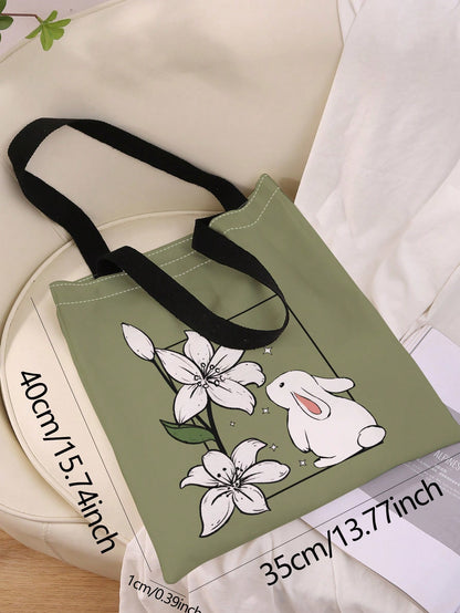 Rabbit & Floral Pattern Shopper Bag Canvas CasualSchool Bag,Back To School,Large Capacity,Portable,Foldable,Classic Casual, Suitable For Teen Girls Women College Students,White-Collar Workers, Perfect