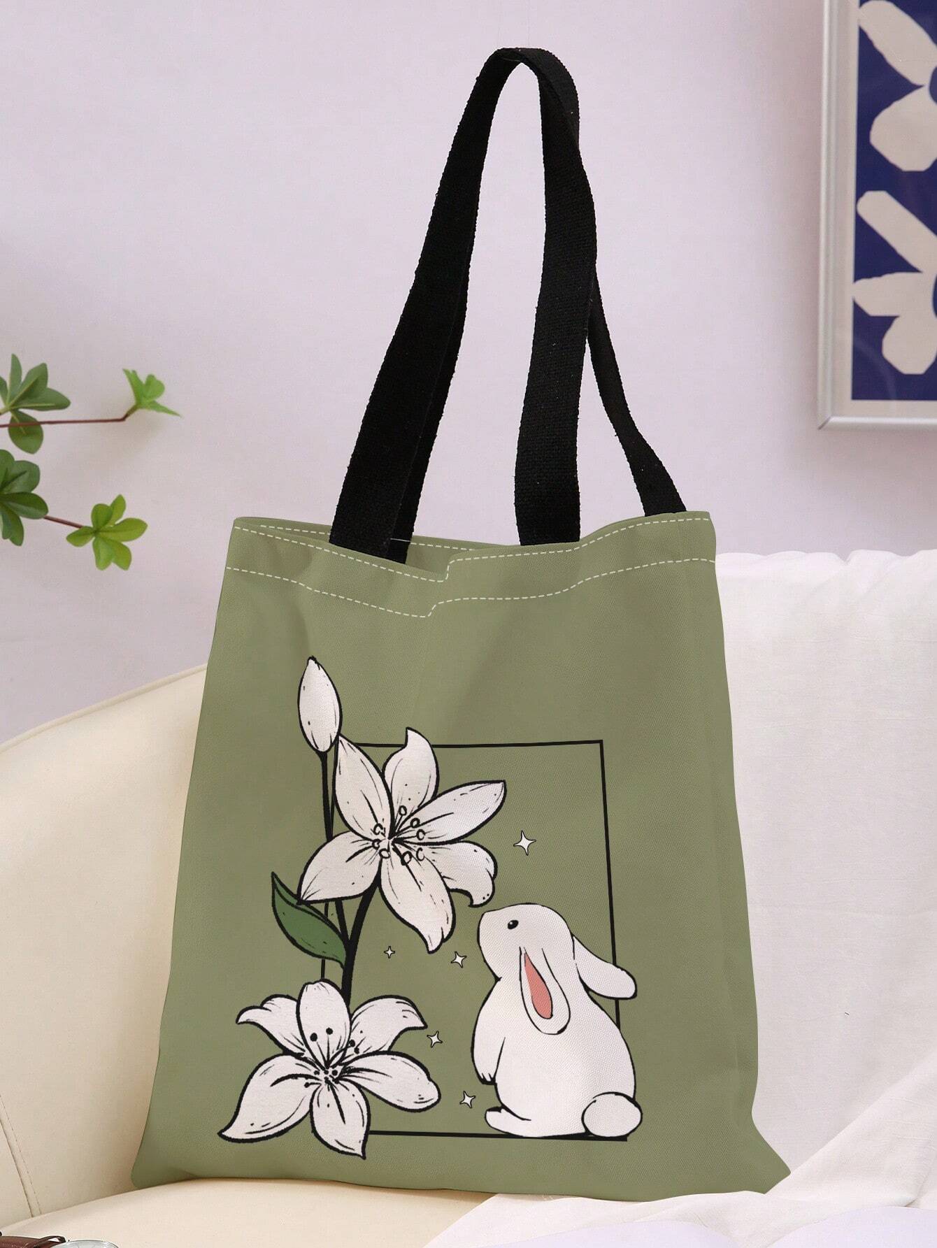 Rabbit & Floral Pattern Shopper Bag Canvas CasualSchool Bag,Back To School,Large Capacity,Portable,Foldable,Classic Casual, Suitable For Teen Girls Women College Students,White-Collar Workers, Perfect