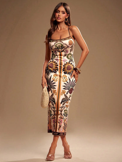Radiana Women's Boho Tropical Elegant Floral Print Fitted Dress, Summer Spaghetti Strap Backless Casual Dress, Daily, Island, Beach Night Out Vacation, Beige
