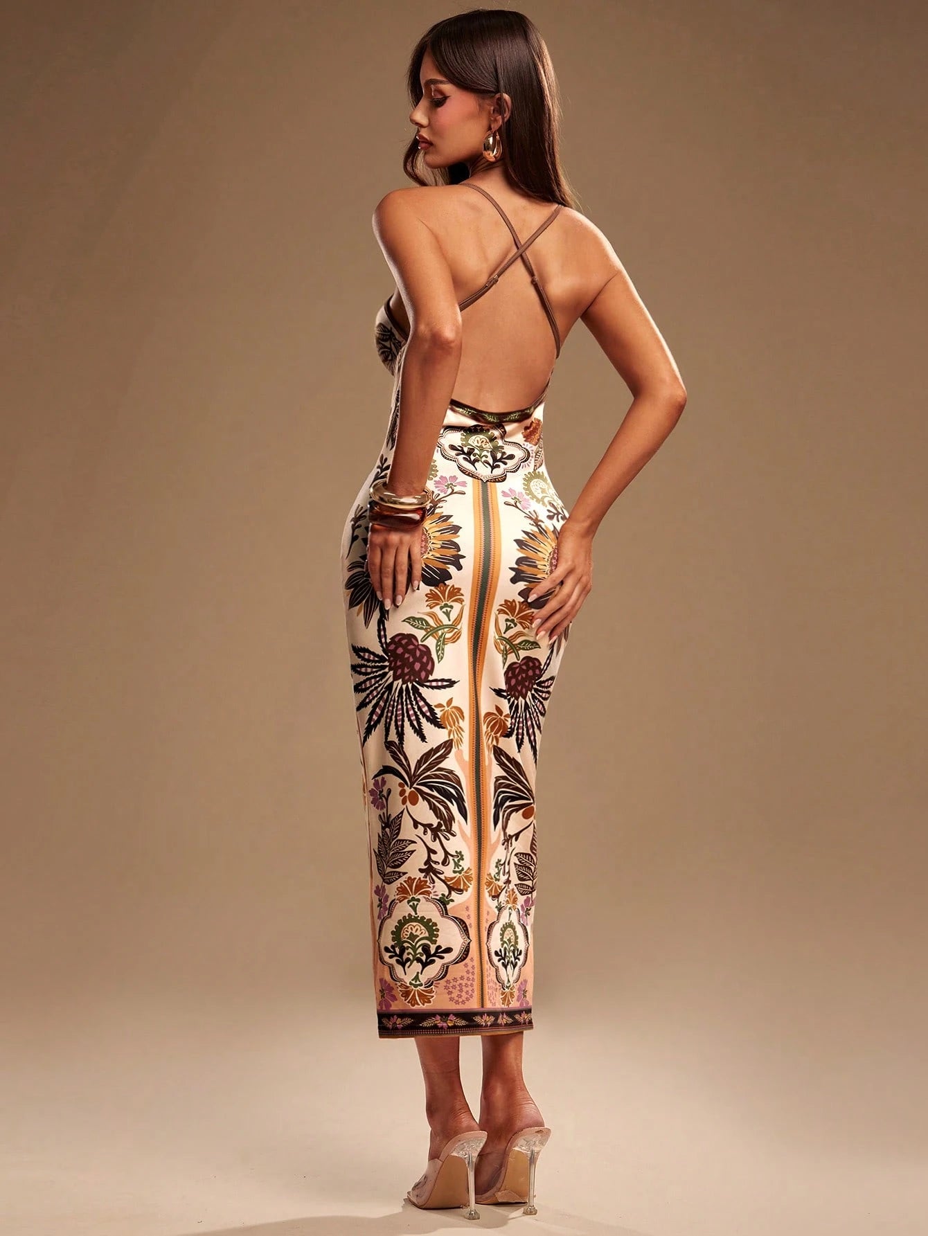Radiana Women's Boho Tropical Elegant Floral Print Fitted Dress, Summer Spaghetti Strap Backless Casual Dress, Daily, Island, Beach Night Out Vacation, Beige