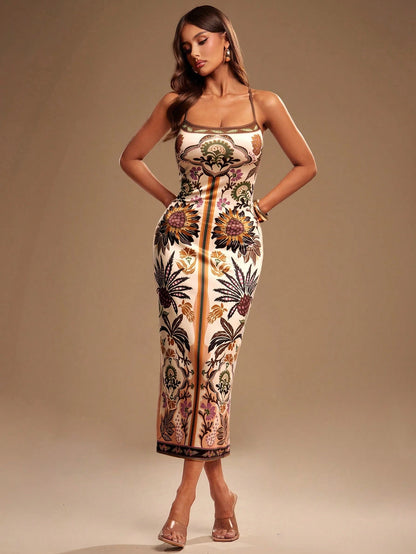 Radiana Women's Boho Tropical Elegant Floral Print Fitted Dress, Summer Spaghetti Strap Backless Casual Dress, Daily, Island, Beach Night Out Vacation, Beige