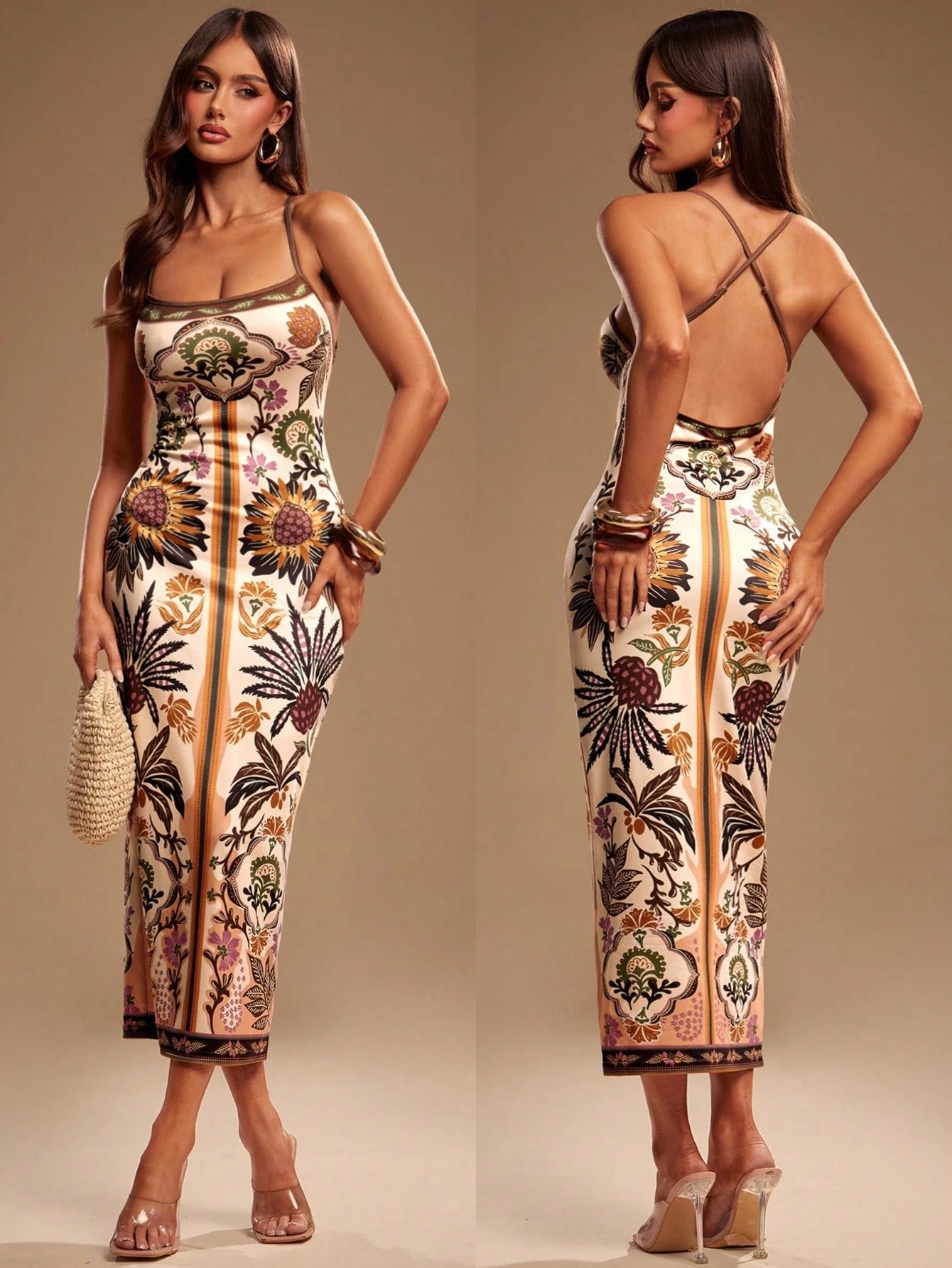 Radiana Women's Boho Tropical Elegant Floral Print Fitted Dress, Summer Spaghetti Strap Backless Casual Dress, Daily, Island, Beach Night Out Vacation, Beige