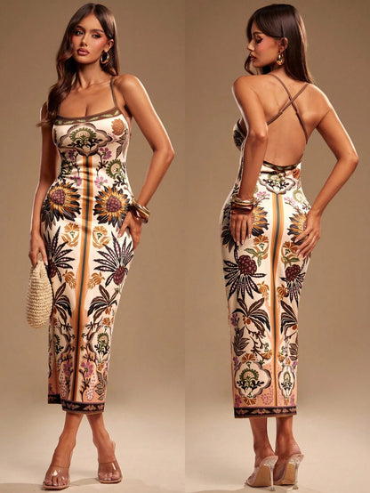 Radiana Women's Boho Tropical Elegant Floral Print Fitted Dress, Summer Spaghetti Strap Backless Casual Dress, Daily, Island, Beach Night Out Vacation, Beige