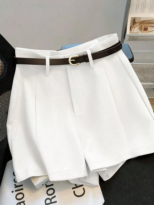Rafferiza Casual & Commuting Fashion Versatile Mid-High Waist Belted Summer New Solid Color Khaki Shorts For Women