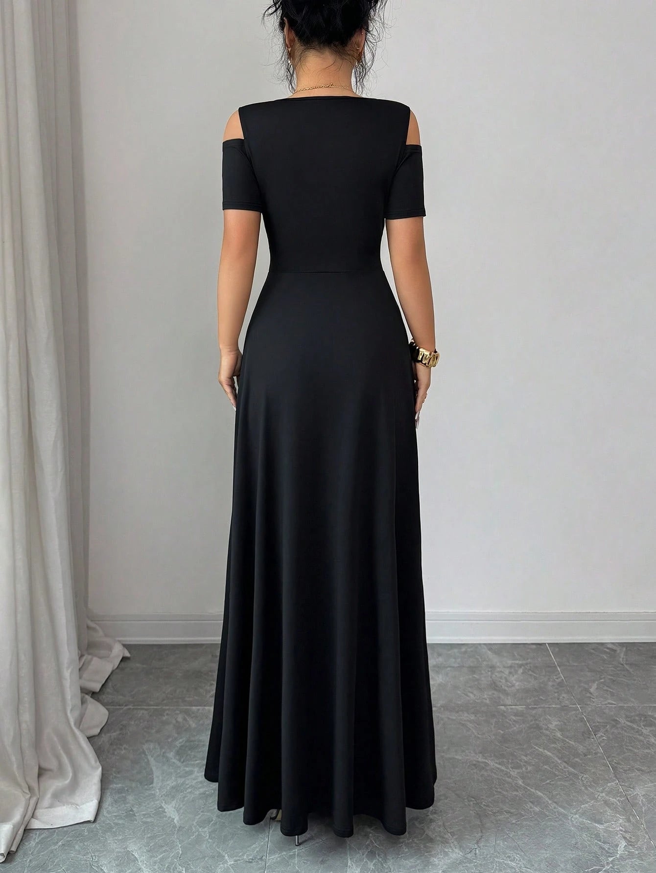Rafferiza Elegant Black Summer V-Neck Off-Shoulder Short-Sleeved High Slit A-Line Dress,Women Fashionable Night Out Formal Gown For Party,Wedding And Clubwear
