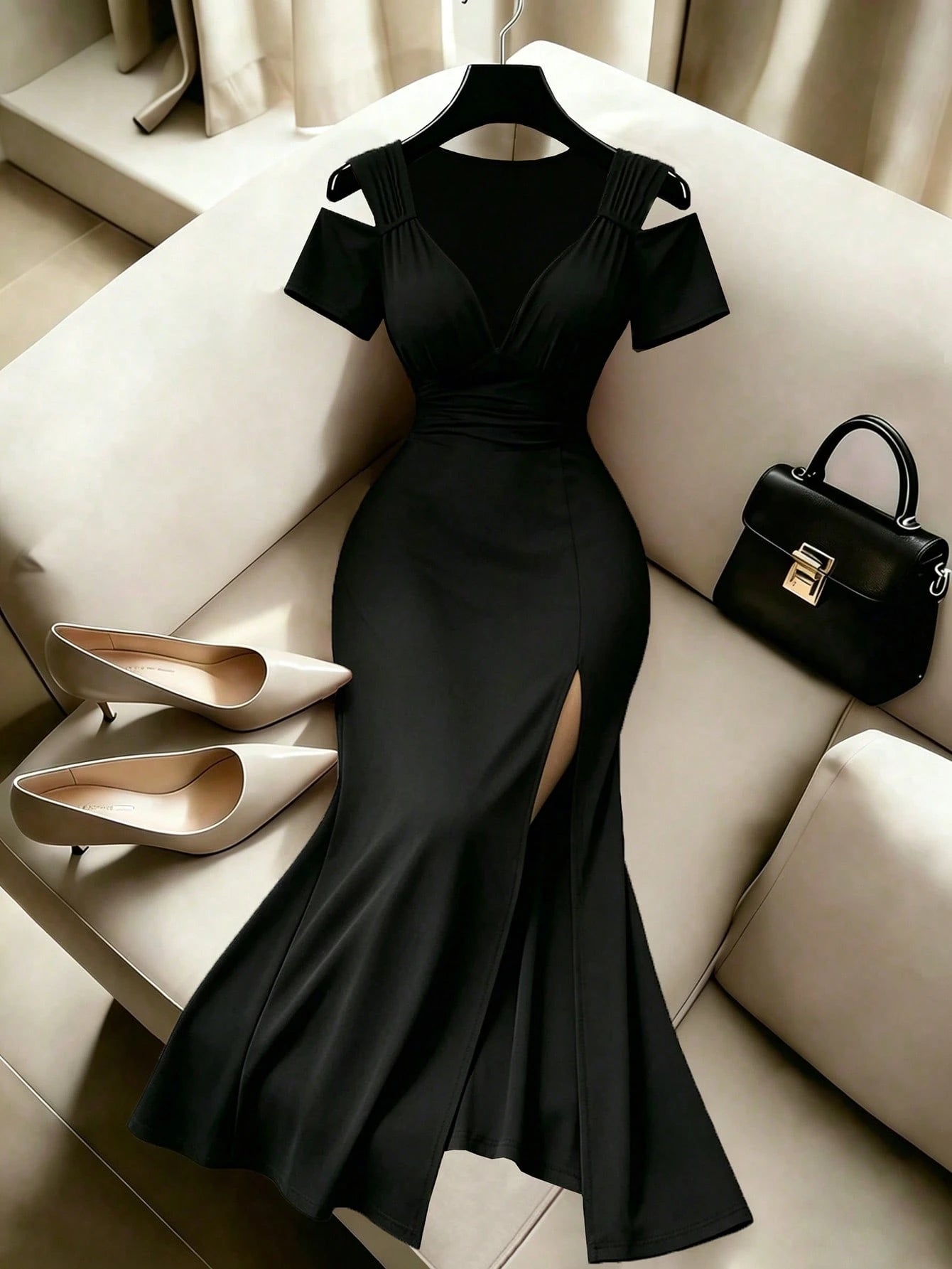 Rafferiza Elegant Black Summer V-Neck Off-Shoulder Short-Sleeved High Slit A-Line Dress,Women Fashionable Night Out Formal Gown For Party,Wedding And Clubwear