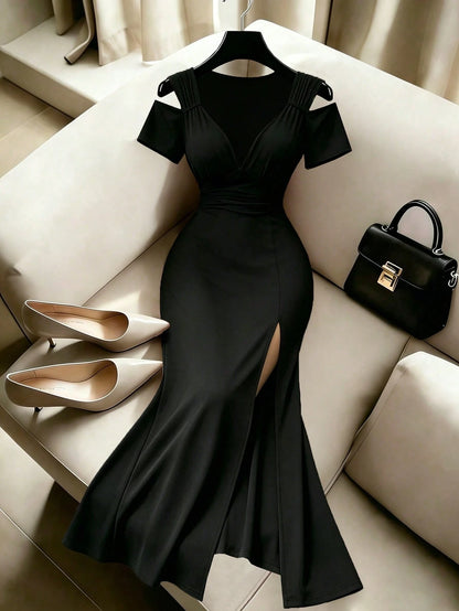 Rafferiza Elegant Black Summer V-Neck Off-Shoulder Short-Sleeved High Slit A-Line Dress,Women Fashionable Night Out Formal Gown For Party,Wedding And Clubwear
