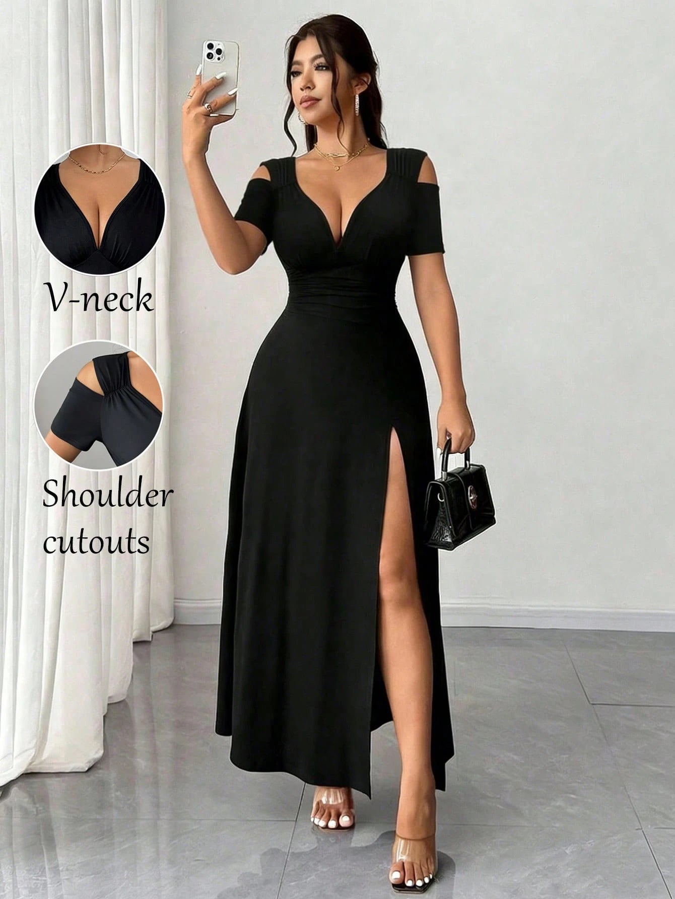 Rafferiza Elegant Black Summer V-Neck Off-Shoulder Short-Sleeved High Slit A-Line Dress,Women Fashionable Night Out Formal Gown For Party,Wedding And Clubwear