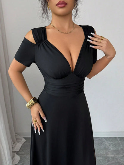 Rafferiza Elegant Black Summer V-Neck Off-Shoulder Short-Sleeved High Slit A-Line Dress,Women Fashionable Night Out Formal Gown For Party,Wedding And Clubwear