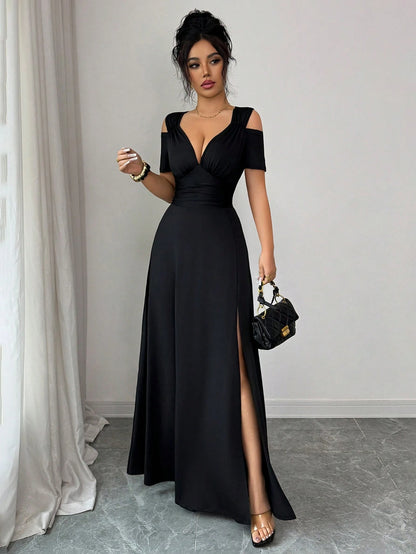 Rafferiza Elegant Black Summer V-Neck Off-Shoulder Short-Sleeved High Slit A-Line Dress,Women Fashionable Night Out Formal Gown For Party,Wedding And Clubwear