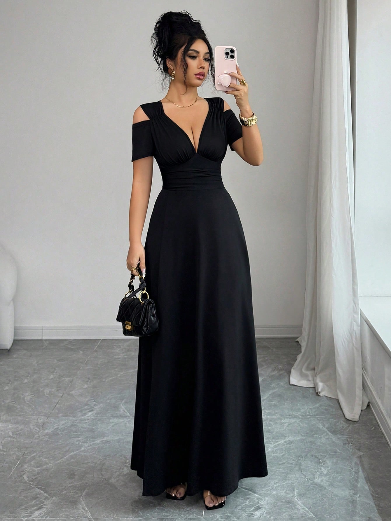 Rafferiza Elegant Black Summer V-Neck Off-Shoulder Short-Sleeved High Slit A-Line Dress,Women Fashionable Night Out Formal Gown For Party,Wedding And Clubwear