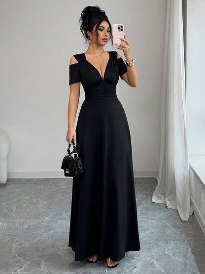 Rafferiza Elegant Black Summer V-Neck Off-Shoulder Short-Sleeved High Slit A-Line Dress,Women Fashionable Night Out Formal Gown For Party,Wedding And Clubwear