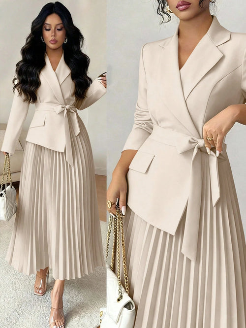 Rafferiza Women's Elegant Beige Autumn Office Versatile Patchwork Lapel Collar Long Sleeve Cinched Waist Pleated Midi Dress,Winter Skirt Suits For Woman Set
