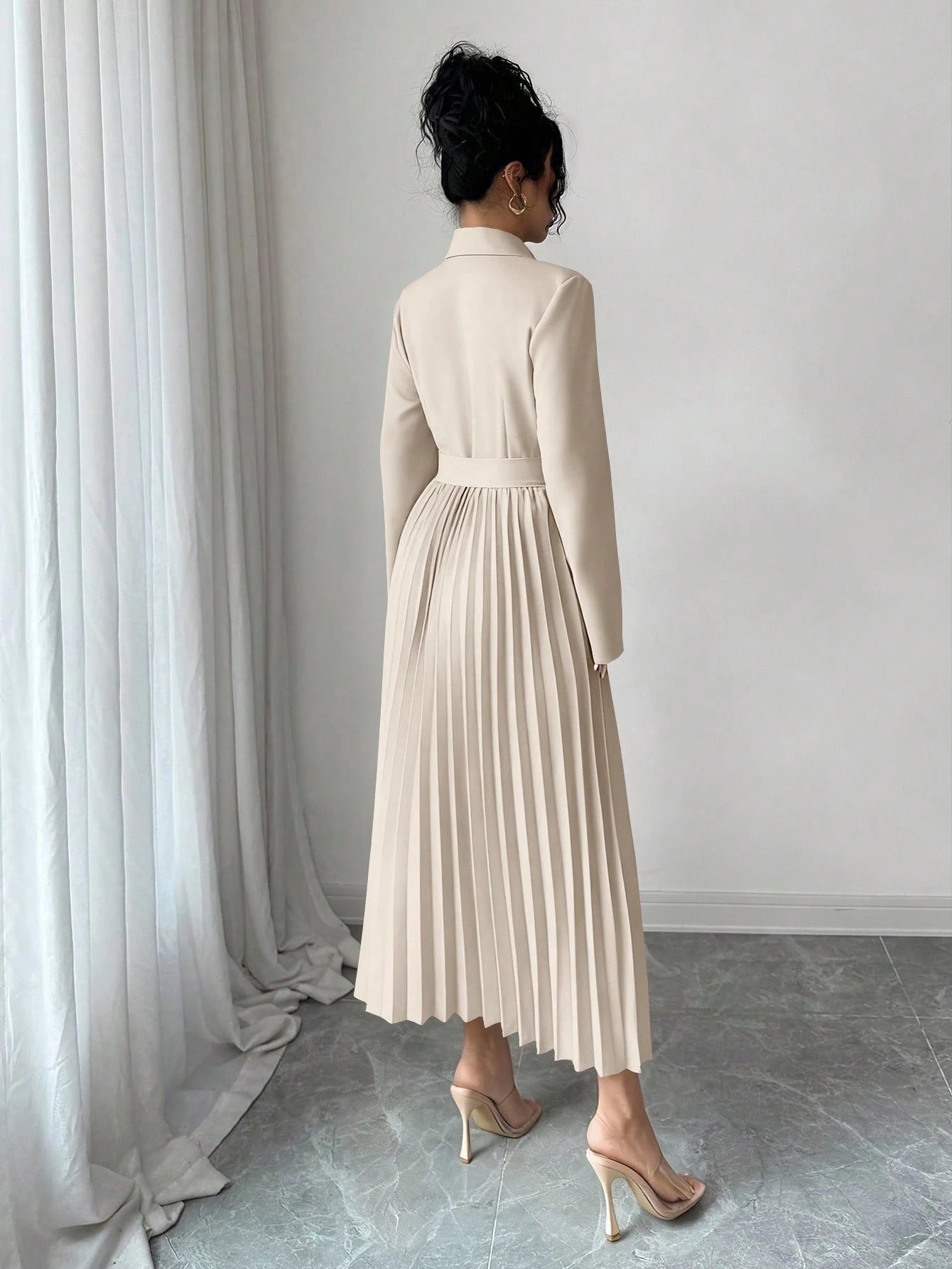 Rafferiza Women's Elegant Beige Autumn Office Versatile Patchwork Lapel Collar Long Sleeve Cinched Waist Pleated Midi Dress,Winter Skirt Suits For Woman Set