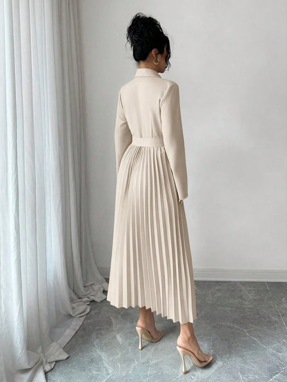 Rafferiza Women's Elegant Beige Autumn Office Versatile Patchwork Lapel Collar Long Sleeve Cinched Waist Pleated Midi Dress,Winter Skirt Suits For Woman Set