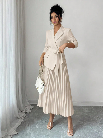 Rafferiza Women's Elegant Beige Autumn Office Versatile Patchwork Lapel Collar Long Sleeve Cinched Waist Pleated Midi Dress,Winter Skirt Suits For Woman Set