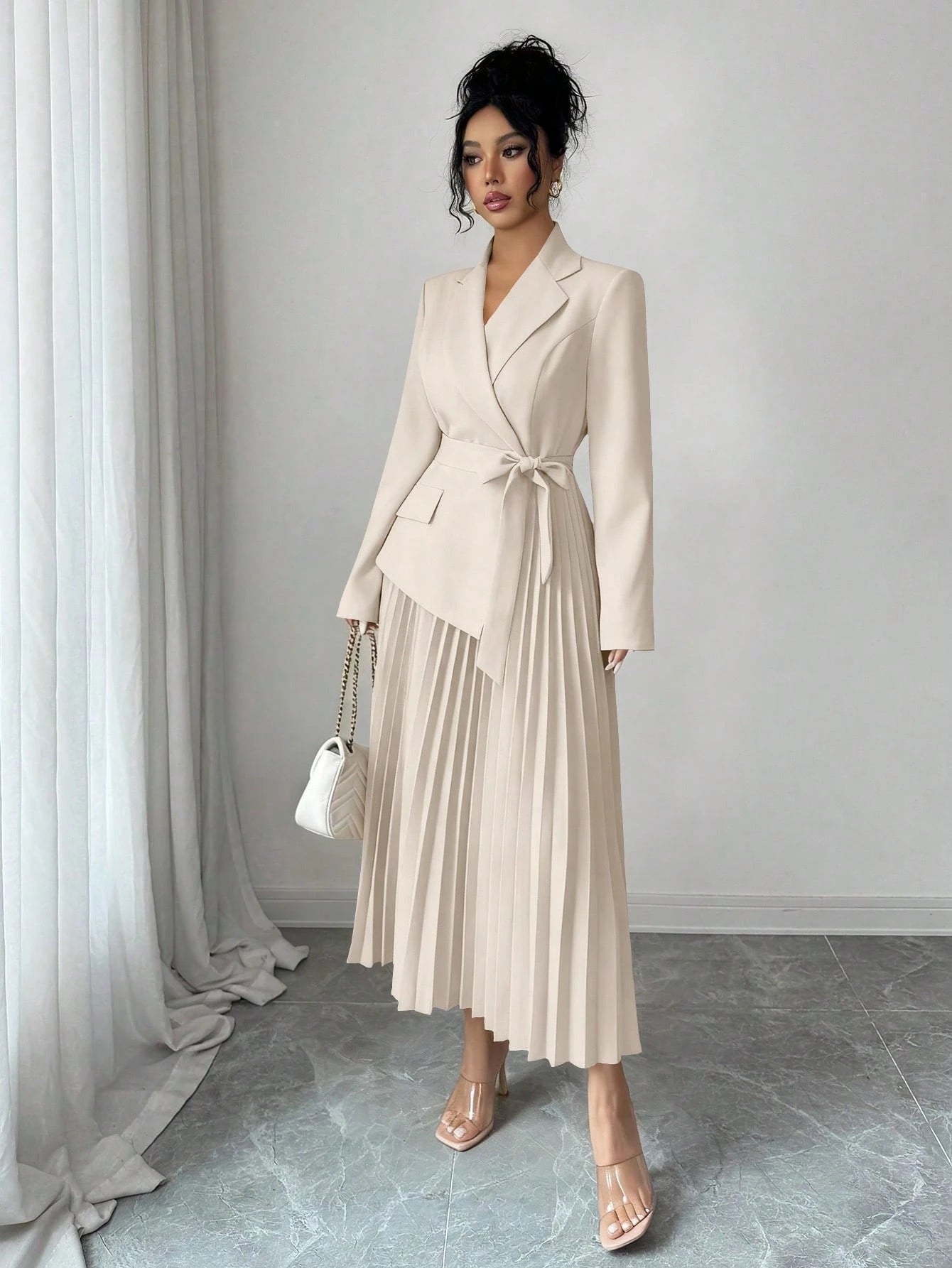 Rafferiza Women's Elegant Beige Autumn Office Versatile Patchwork Lapel Collar Long Sleeve Cinched Waist Pleated Midi Dress,Winter Skirt Suits For Woman Set