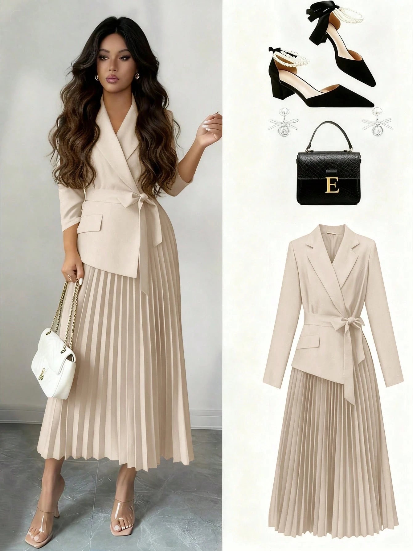 Rafferiza Women's Elegant Beige Autumn Office Versatile Patchwork Lapel Collar Long Sleeve Cinched Waist Pleated Midi Dress,Winter Skirt Suits For Woman Set