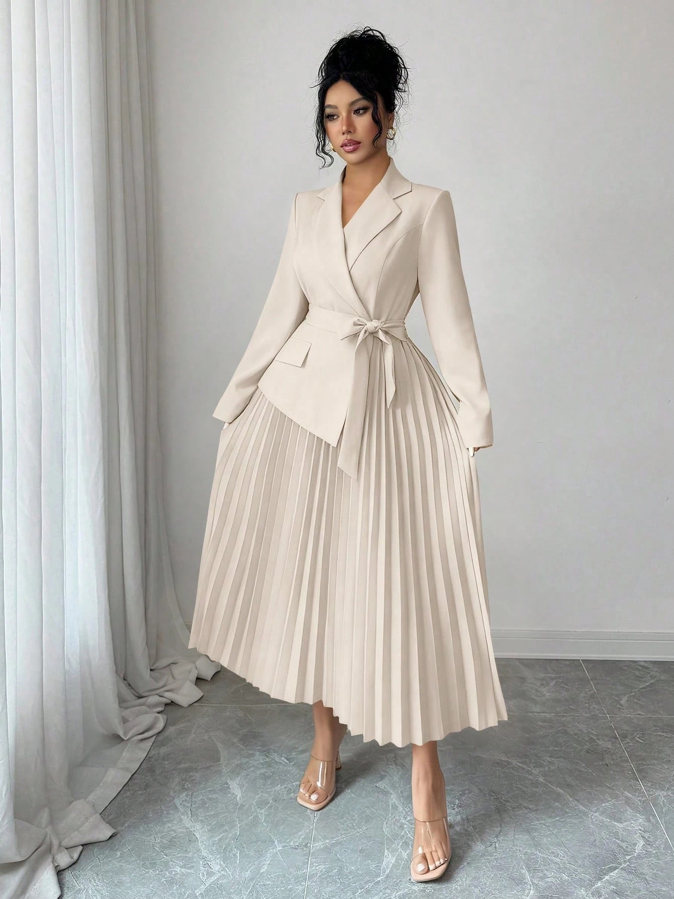 Rafferiza Women's Elegant Beige Autumn Office Versatile Patchwork Lapel Collar Long Sleeve Cinched Waist Pleated Midi Dress,Winter Skirt Suits For Woman Set