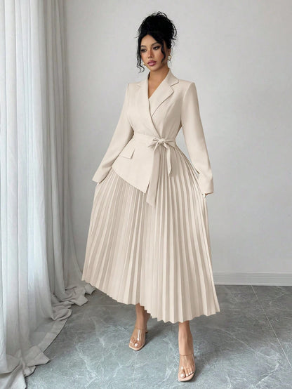 Rafferiza Women's Elegant Beige Autumn Office Versatile Patchwork Lapel Collar Long Sleeve Cinched Waist Pleated Midi Dress,Winter Skirt Suits For Woman Set