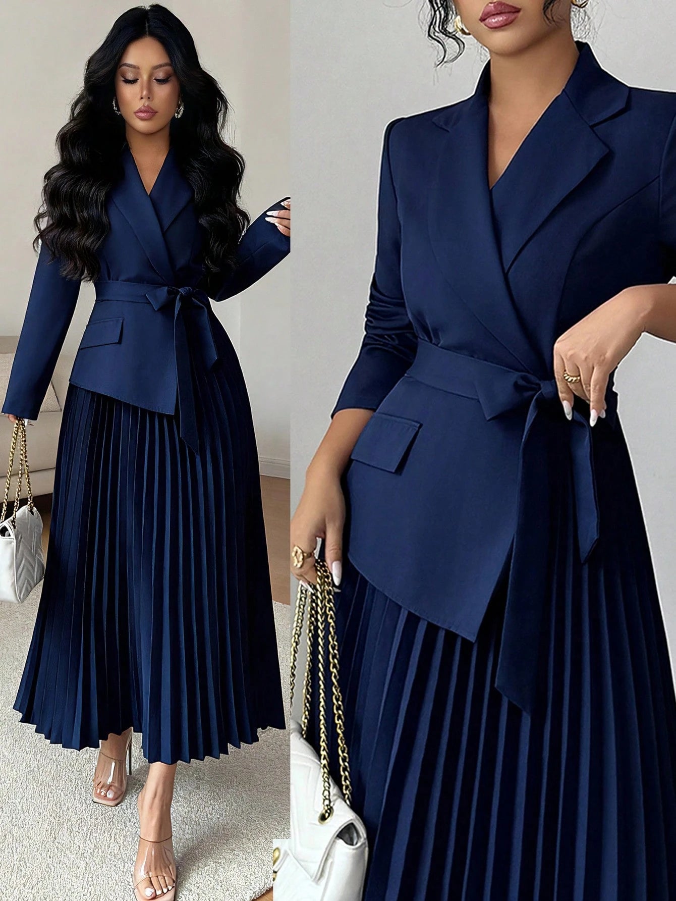 Rafferiza Women's Elegant Beige Autumn Office Versatile Patchwork Lapel Collar Long Sleeve Cinched Waist Pleated Midi Dress,Winter Skirt Suits For Woman Set