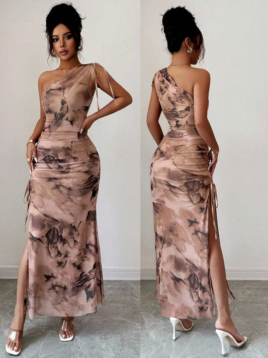Rafferiza Women's Elegant Floral Print Mesh High Slit Maxi Sleeveless Dress