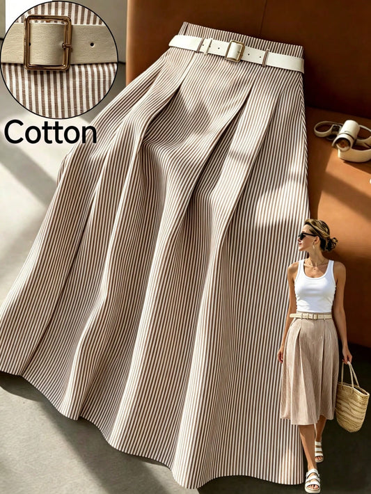 Rafferiza Women's Linen Striped Casual & Office Belt Medium Length Flare Pleated Midi Skirt, Summer/ Spring