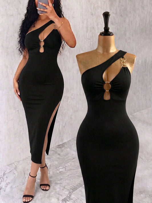 Raffinéa Fashionable Sexy Women's Asymmetrical Shoulder Mid-Length Dress, Gold Metal Buckle, Side Slit, Sexy & Elegant Mid-Length Dress