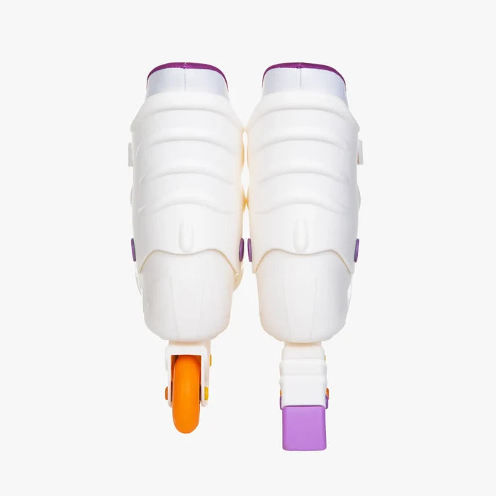 White shin guards with purple and orange accents on a white background