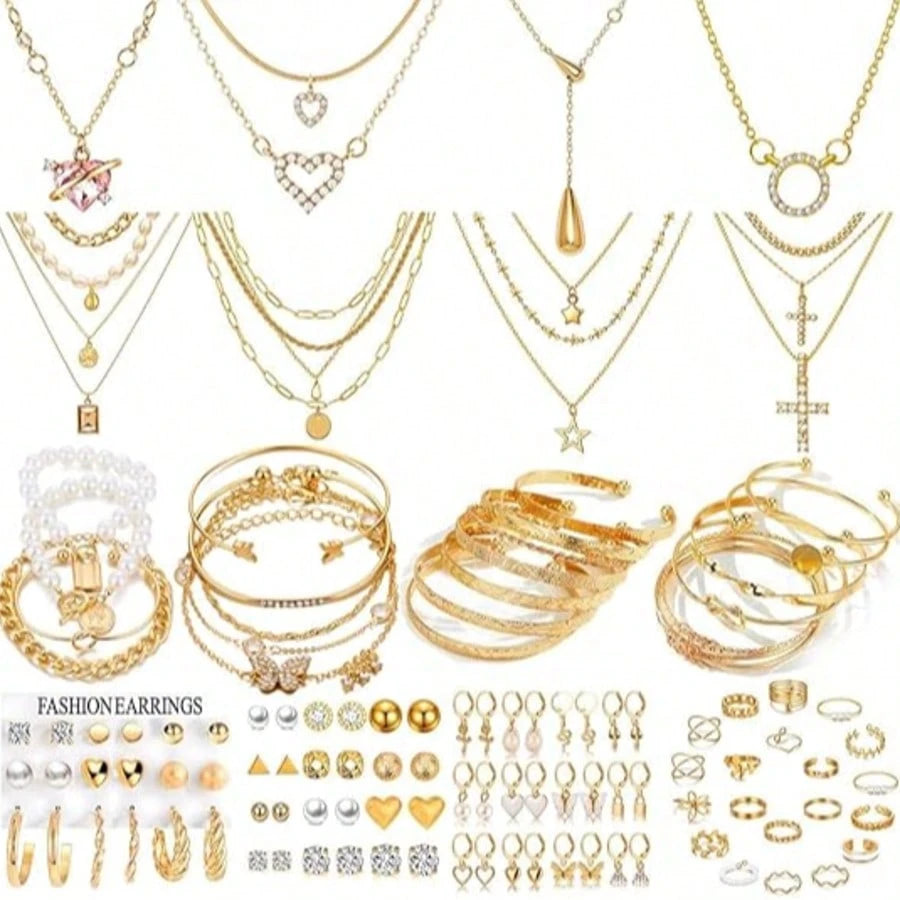 Random 91/76/56/3pcs Elegant Generous Dignified Casual Minimalist Floral, Heart, Cross, Star, Moon, Bow, Rose Multi-Element Necklace, Bracelet, Ring, Earring Jewelry Set For Women, Suitable For Holida