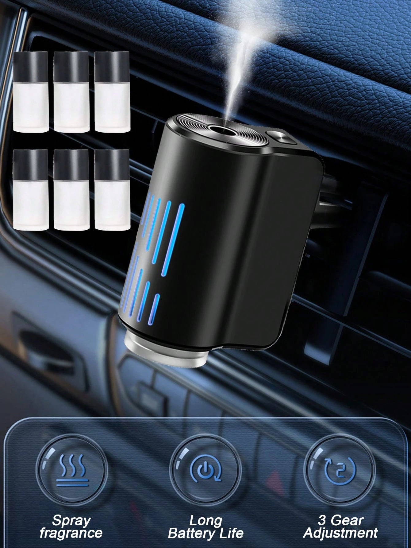 Rechargeable Car Air Freshener Diffuser- 3 Adjustable Mist Modes, Mood Light, Long-Lasting Fragrance, Cylindrical Design, USB Charging, Includes 6 Fragrance Oils, Car Accessories, Gift