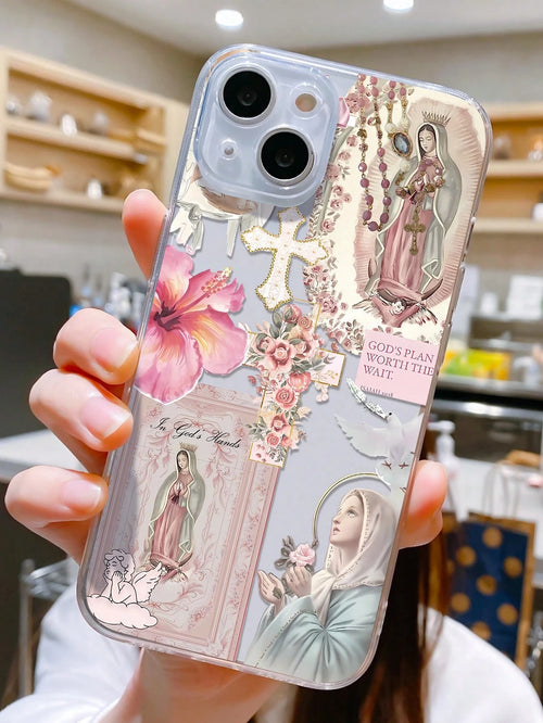 Religious Mythological Figure Elements TPU Fashion Personalized Cross & Virgin Mary Graphic Aesthetic Pattern Transparent TPU Full Body Shockproof Anti-Fingerprint Phone Case Compatible With IPhone 16