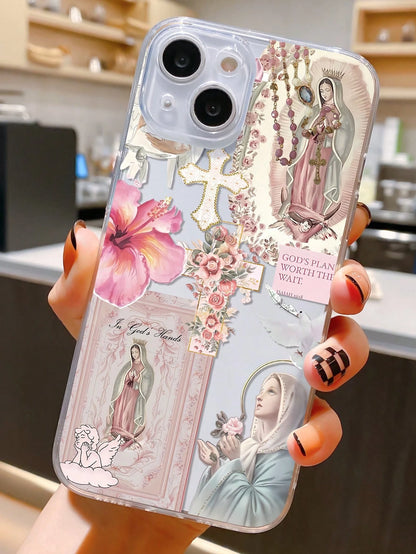 Religious Mythological Figure Elements TPU Fashion Personalized Cross & Virgin Mary Graphic Aesthetic Pattern Transparent TPU Full Body Shockproof Anti-Fingerprint Phone Case Compatible With IPhone 16