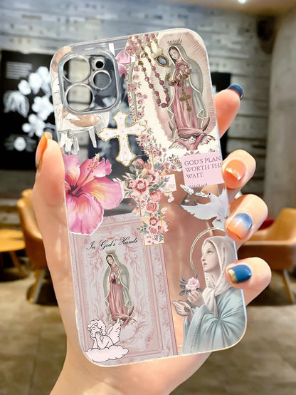 Religious Mythological Figure Elements TPU Fashion Personalized Cross & Virgin Mary Graphic Aesthetic Pattern Transparent TPU Full Body Shockproof Anti-Fingerprint Phone Case Compatible With IPhone 16