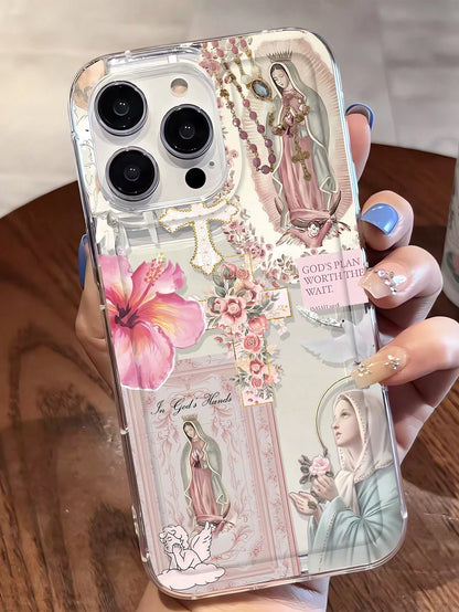 Religious Mythological Figure Elements TPU Fashion Personalized Cross & Virgin Mary Graphic Aesthetic Pattern Transparent TPU Full Body Shockproof Anti-Fingerprint Phone Case Compatible With IPhone 16
