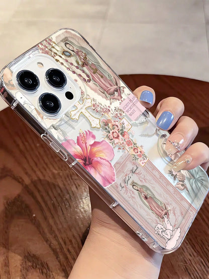 Religious Mythological Figure Elements TPU Fashion Personalized Cross & Virgin Mary Graphic Aesthetic Pattern Transparent TPU Full Body Shockproof Anti-Fingerprint Phone Case Compatible With IPhone 16