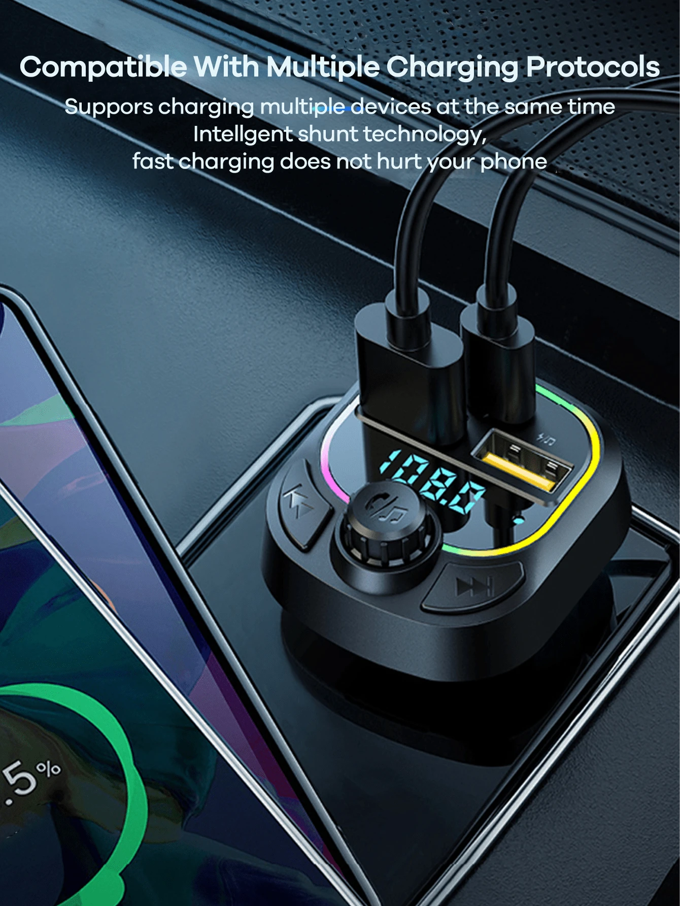 REMAX 15W Bluetooth FM Transmitter & Car Charger With Colorful Ambient Light, USB-C & USB-A Dual-Port Fast Charging, Built-In HD Mic For Clear Hands-Free Calls, Music Playback, Type-C Charger, IPhone
