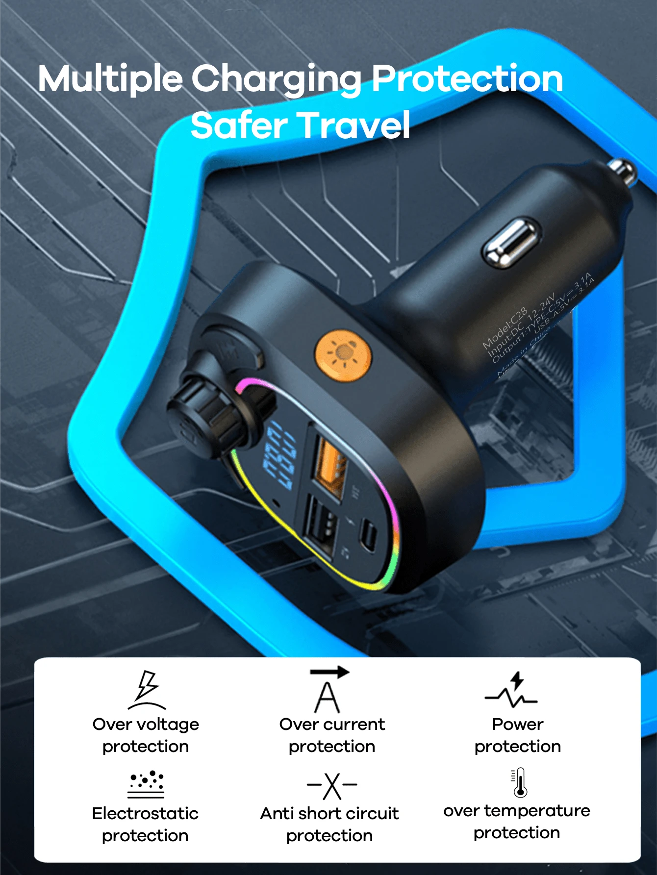 REMAX 15W Bluetooth FM Transmitter & Car Charger With Colorful Ambient Light, USB-C & USB-A Dual-Port Fast Charging, Built-In HD Mic For Clear Hands-Free Calls, Music Playback, Type-C Charger, IPhone