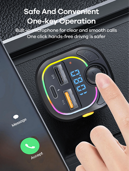 REMAX 15W Bluetooth FM Transmitter & Car Charger With Colorful Ambient Light, USB-C & USB-A Dual-Port Fast Charging, Built-In HD Mic For Clear Hands-Free Calls, Music Playback, Type-C Charger, IPhone