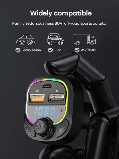 REMAX 15W Bluetooth FM Transmitter & Car Charger With Colorful Ambient Light, USB-C & USB-A Dual-Port Fast Charging, Built-In HD Mic For Clear Hands-Free Calls, Music Playback, Type-C Charger, IPhone
